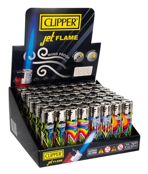 Clipper Plastic JETFLAME Feuerzeuge groß, 48er Display, MAZED LEAVES - Black Cap